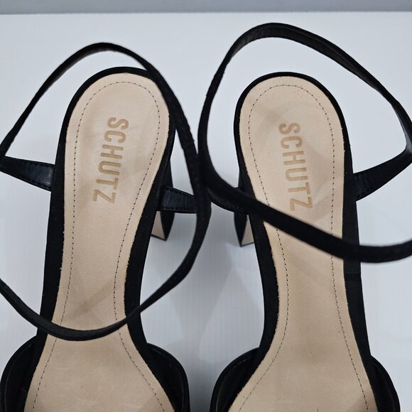 Schutz Keefa Platform Block Heel Womens 10 Black Nubuck Strappy Sandal Evening - Picture 7 of 13